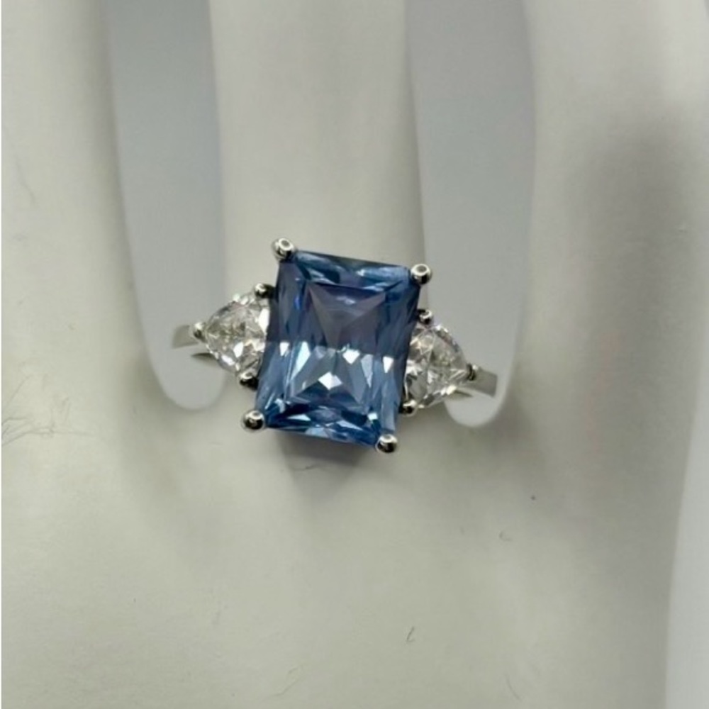 Diamonique Aquamarine Emerald Cut Sterling Silver Ring Size 7